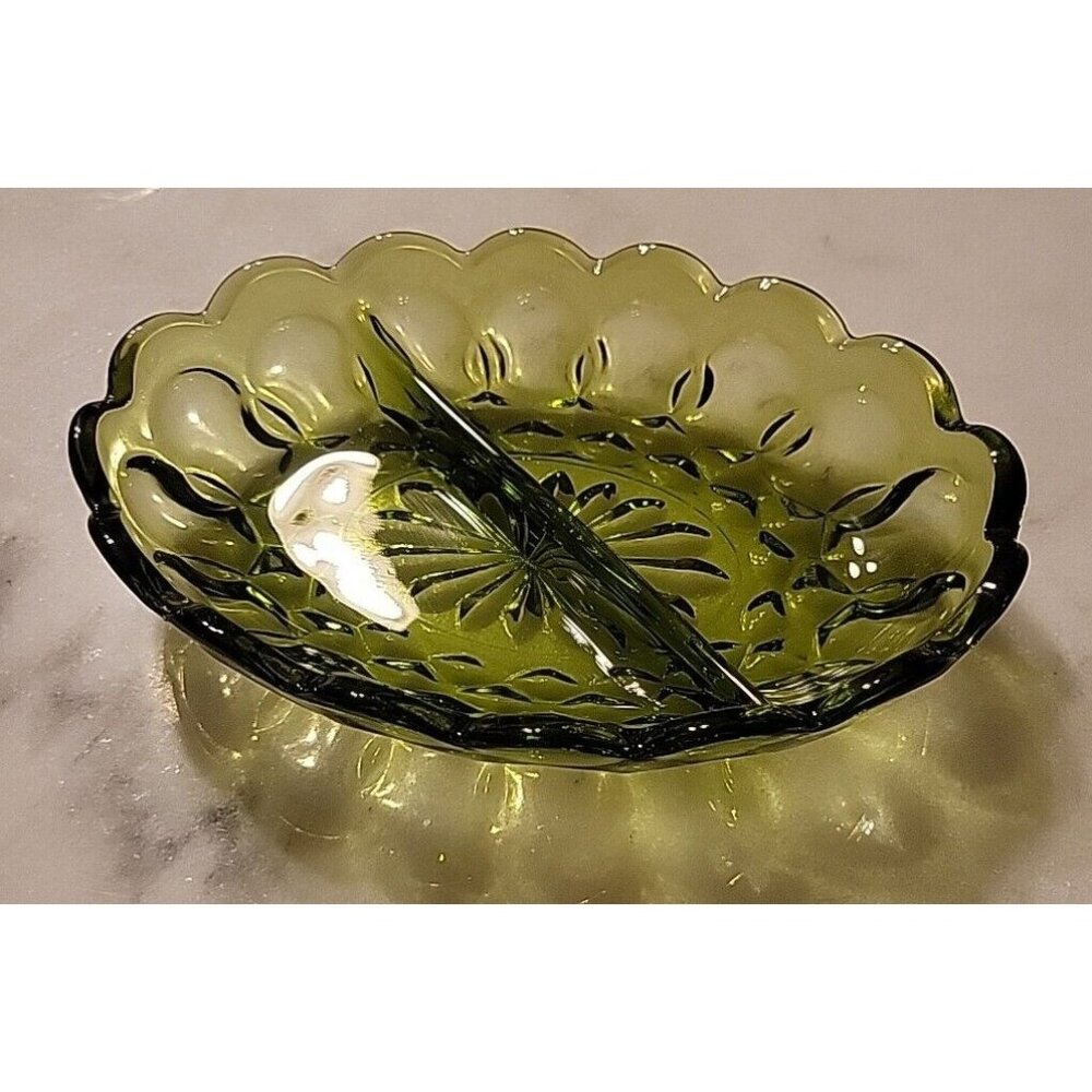 Anchor Hocking Fairfield Avocado Green 7" Oval Divided Relish/Nut/Candy Dish